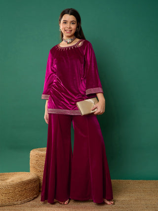 Lyush Girl Fuchsia Velvet Emb Short Kurta With Palazzos - Distacart
