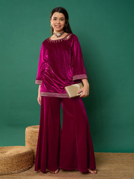 Lyush Girl Fuchsia Velvet Emb Short Kurta With Palazzos - Distacart