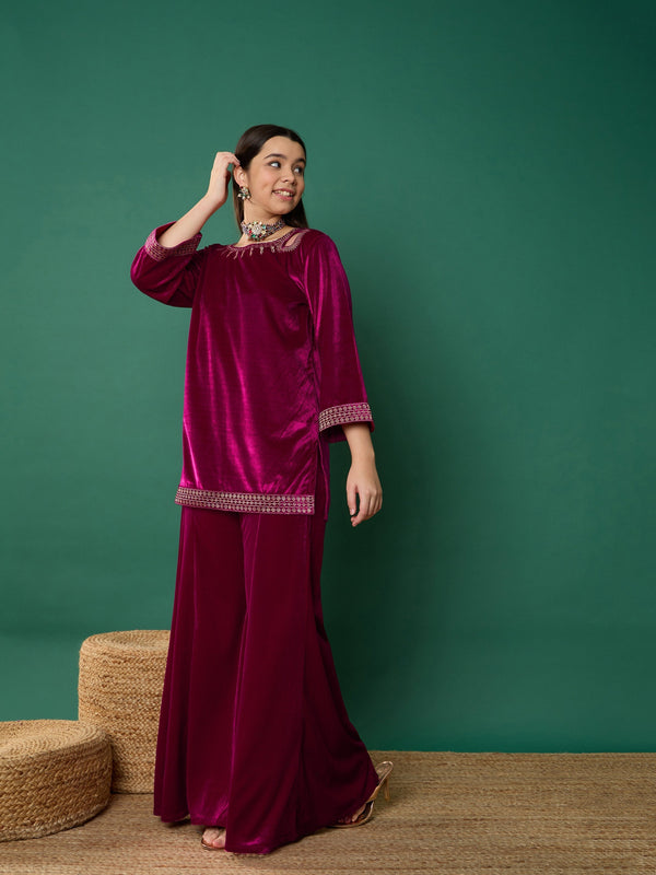 Lyush Girl Fuchsia Velvet Emb Short Kurta With Palazzos - Distacart