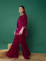 Thumbnail for Lyush Girl Fuchsia Velvet Emb Short Kurta With Palazzos - Distacart