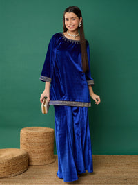 Thumbnail for Lyush Girl Royal Blue Velvet Emb Kurta With Palazzos