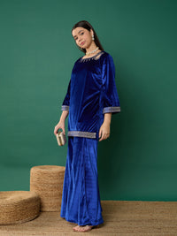 Thumbnail for Lyush Girl Royal Blue Velvet Emb Kurta With Palazzos
