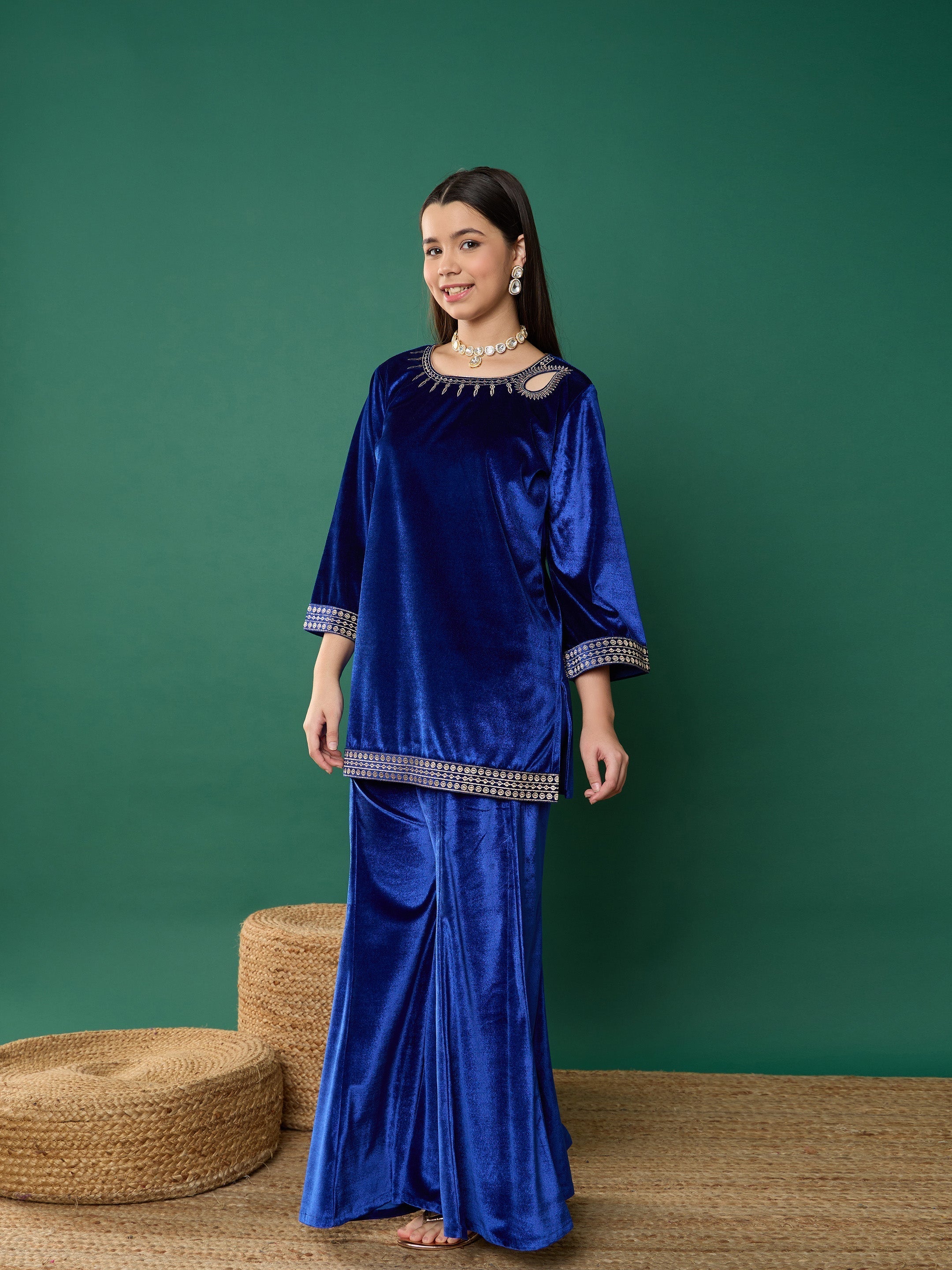 Lyush Girl Royal Blue Velvet Emb Kurta With Palazzos - Distacart