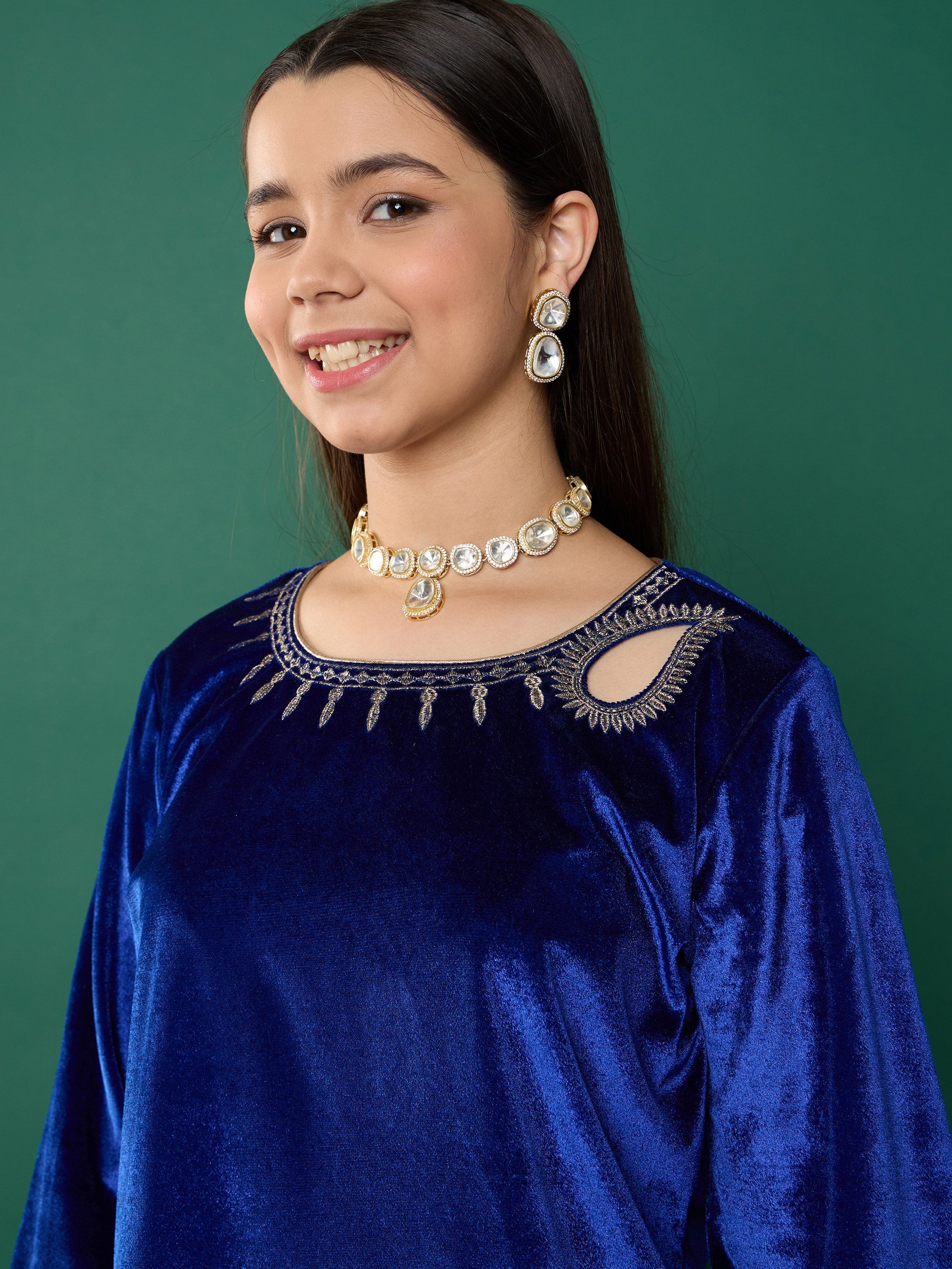 Lyush Girl Royal Blue Velvet Emb Kurta With Palazzos - Distacart