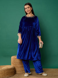 Thumbnail for Lyush Girl Royal Blue Velvet Embroidered Gathered Kurta With Pants