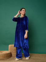 Thumbnail for Lyush Girl Royal Blue Velvet Embroidered Gathered Kurta With Pants - Distacart