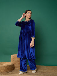 Thumbnail for Lyush Girl Royal Blue Velvet Embroidered Gathered Kurta With Pants