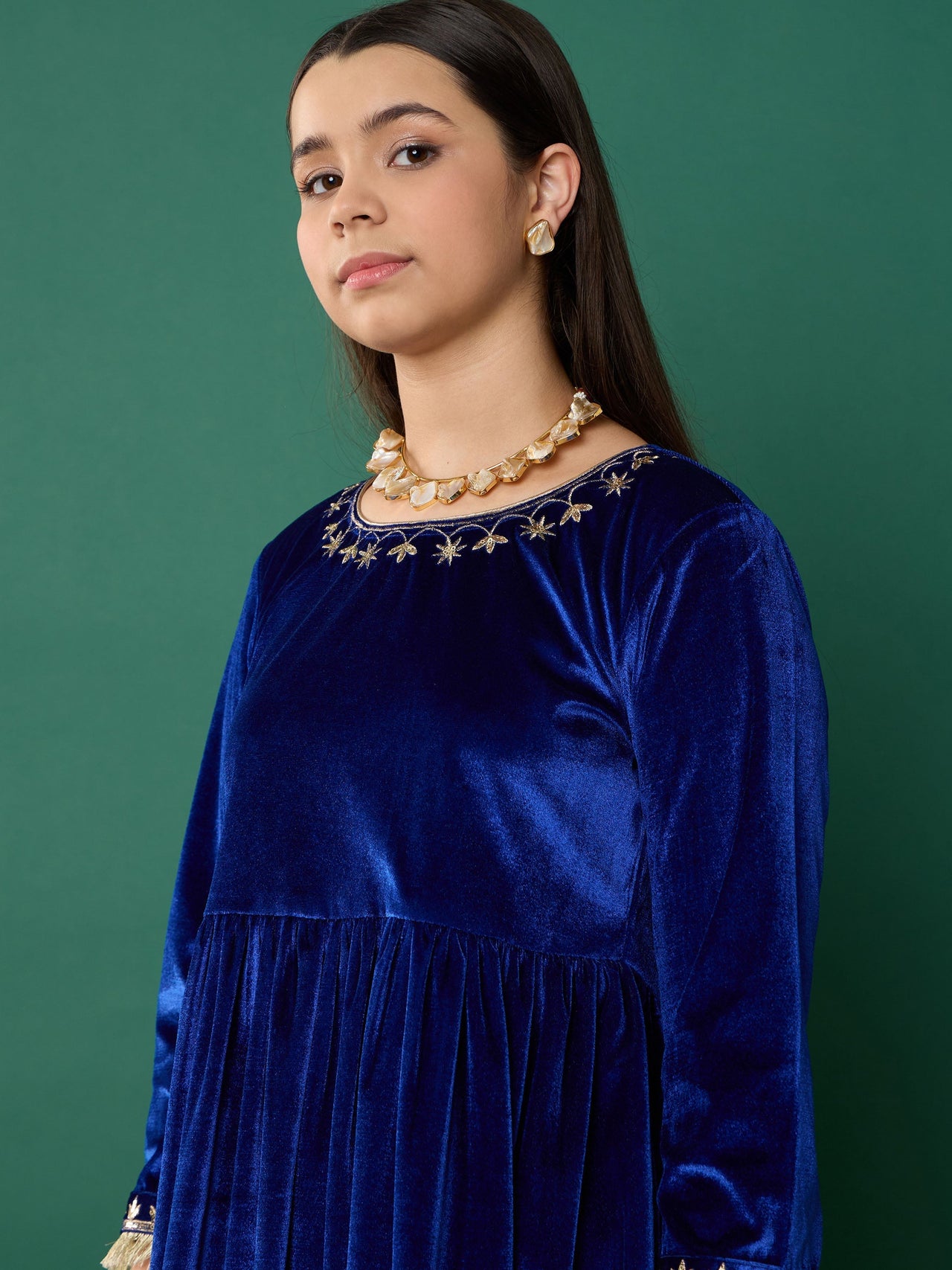 Lyush Girl Royal Blue Velvet Embroidered Gathered Kurta With Pants