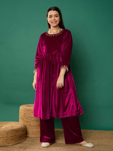 Lyush Girl Fuchsia Velvet Embroidered Gathered Kurta With Pants - Distacart