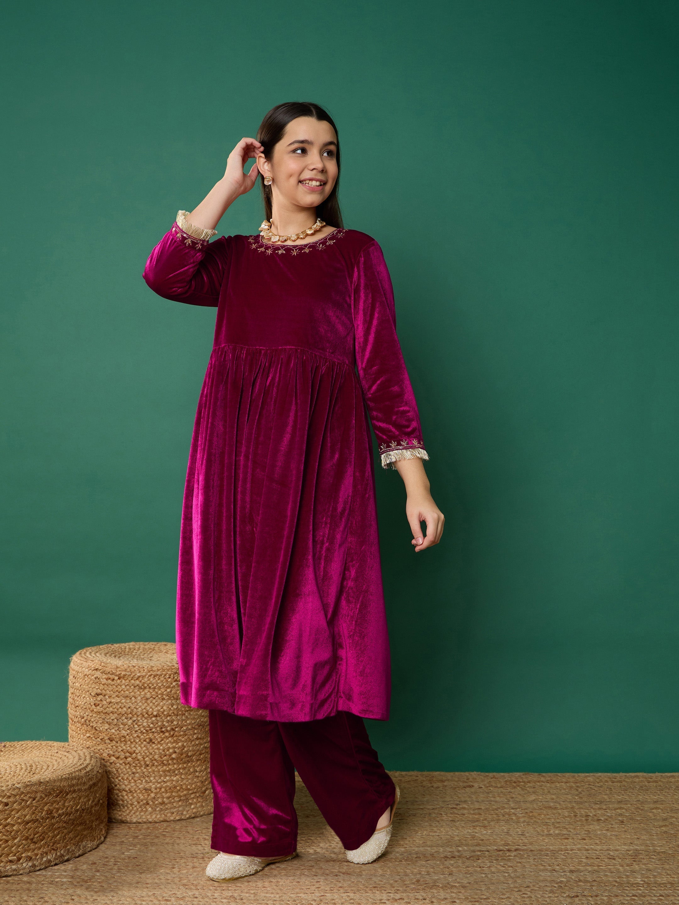 Lyush Girl Fuchsia Velvet Embroidered Gathered Kurta With Pants - Distacart
