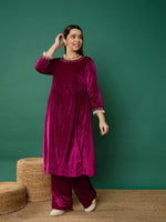 Thumbnail for Lyush Girl Fuchsia Velvet Embroidered Gathered Kurta With Pants - Distacart