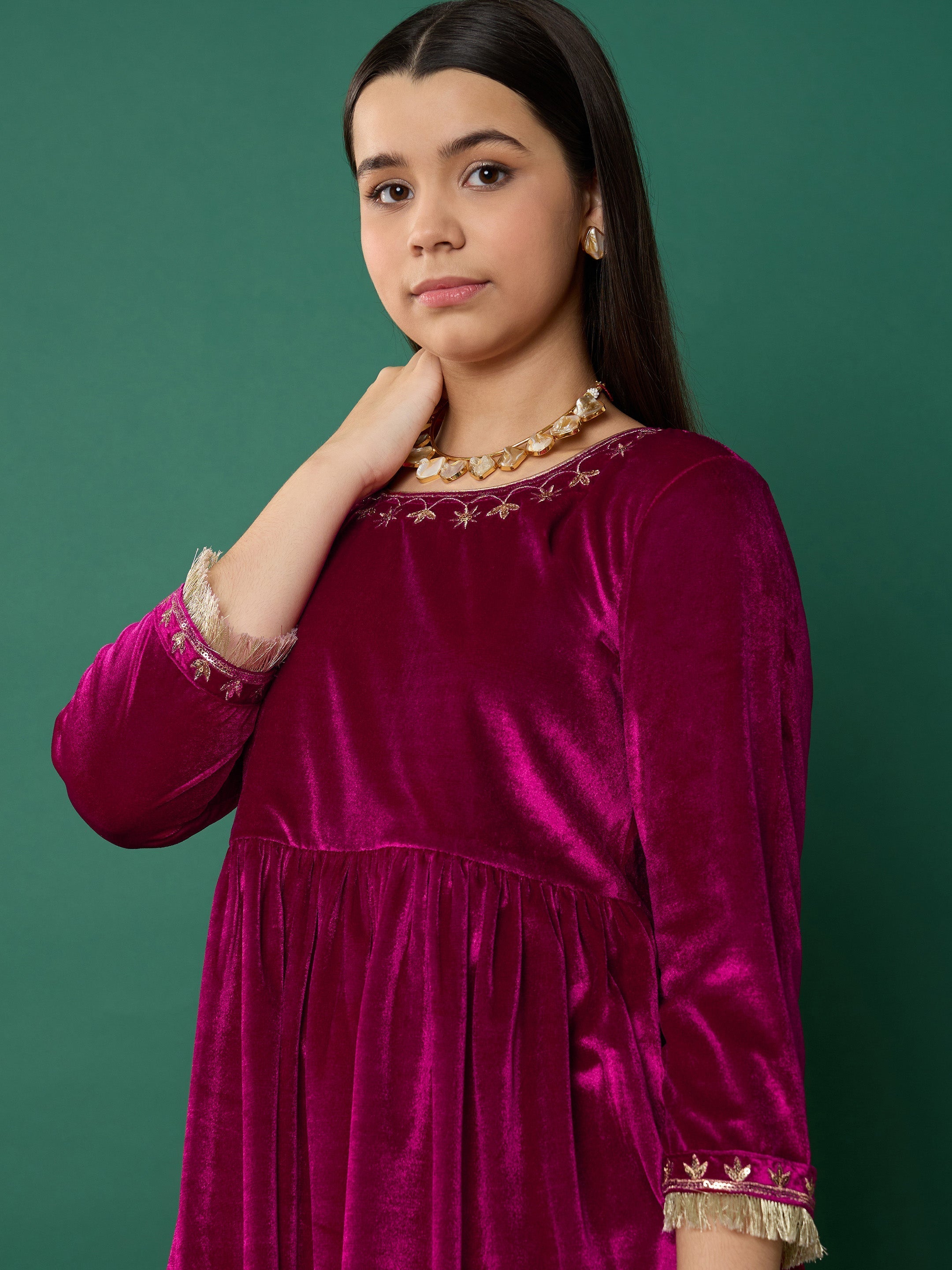 Lyush Girl Fuchsia Velvet Embroidered Gathered Kurta With Pants - Distacart