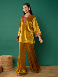 Thumbnail for Lyush Girl Mustard Velvet Embroidered Short Kurta With Palazzos