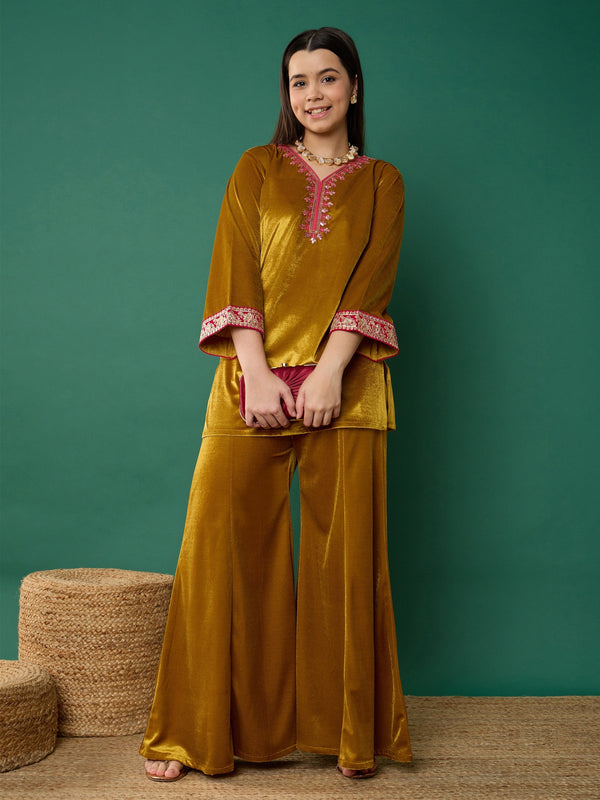 Lyush Girl Mustard Velvet Embroidered Short Kurta With Palazzos - Distacart