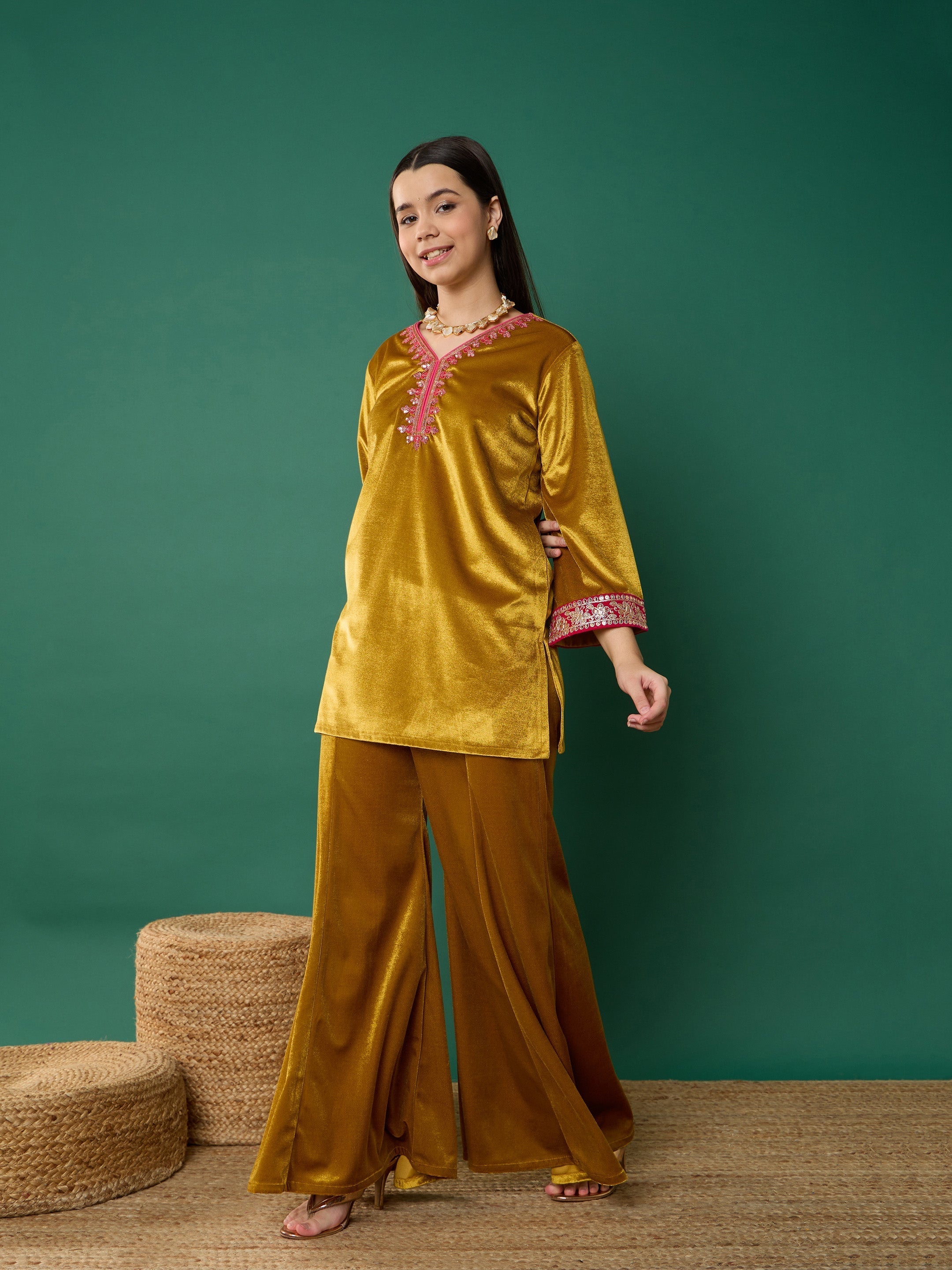 Lyush Girl Mustard Velvet Embroidered Short Kurta With Palazzos - Distacart