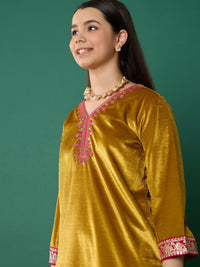 Thumbnail for Lyush Girl Mustard Velvet Embroidered Short Kurta With Palazzos