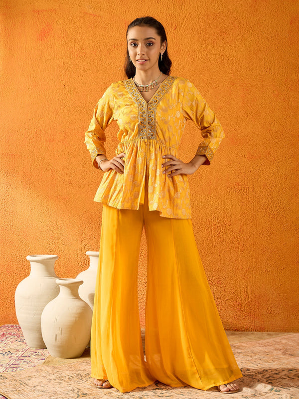 Lyush Girls Yellow Brocade V-Neck Peplum Top With Palazzos - Distacart