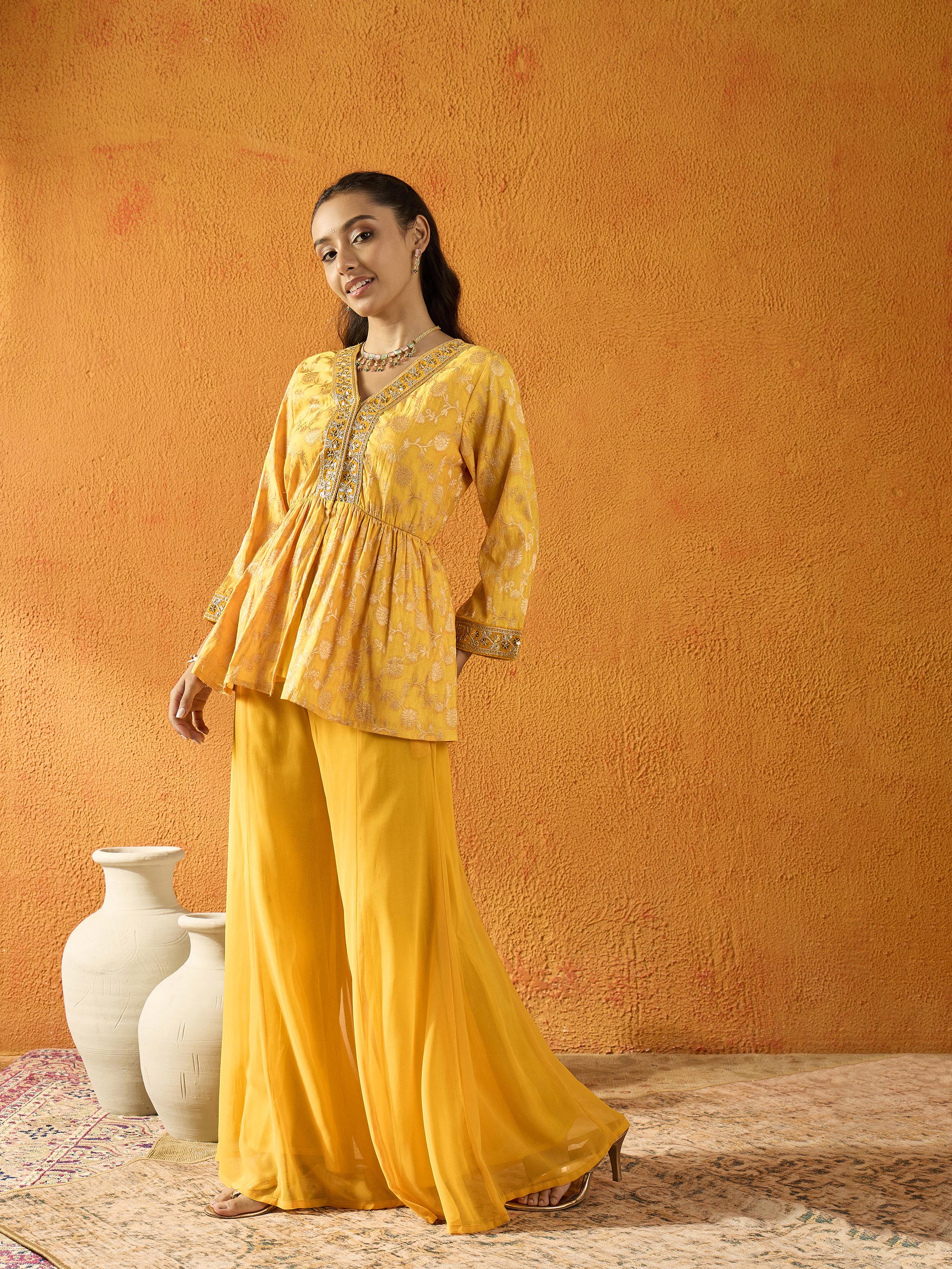 Lyush Girls Yellow Brocade V-Neck Peplum Top With Palazzos - Distacart