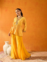 Thumbnail for Lyush Girls Yellow Brocade V-Neck Peplum Top With Palazzos - Distacart