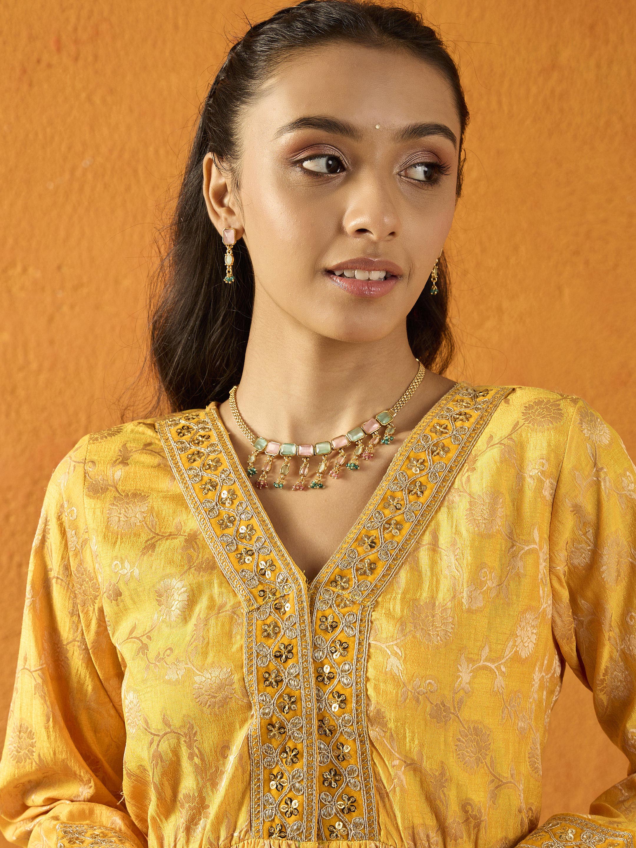 Lyush Girls Yellow Brocade V-Neck Peplum Top With Palazzos - Distacart