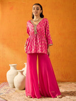 Thumbnail for Lyush Girls Fuchsia Brocade V- Neck Peplum Top With Palazzos - Distacart