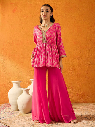 Lyush Girls Fuchsia Brocade V- Neck Peplum Top With Palazzos - Distacart