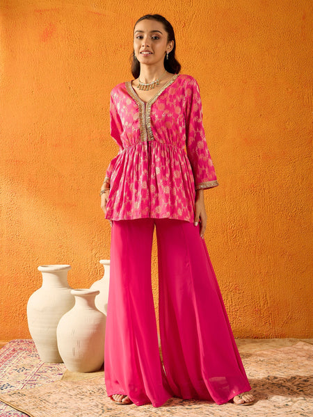 Lyush Girls Fuchsia Brocade V- Neck Peplum Top With Palazzos - Distacart