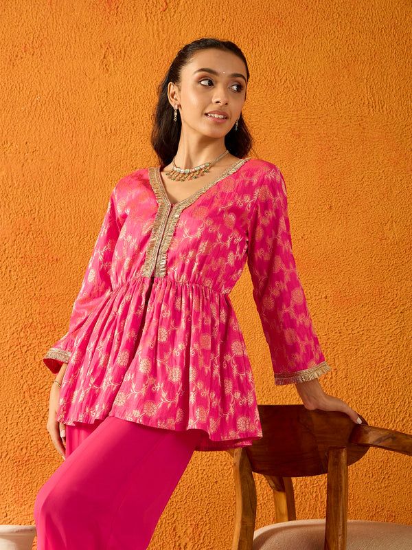 Lyush Girls Fuchsia Brocade V- Neck Peplum Top With Palazzos - Distacart