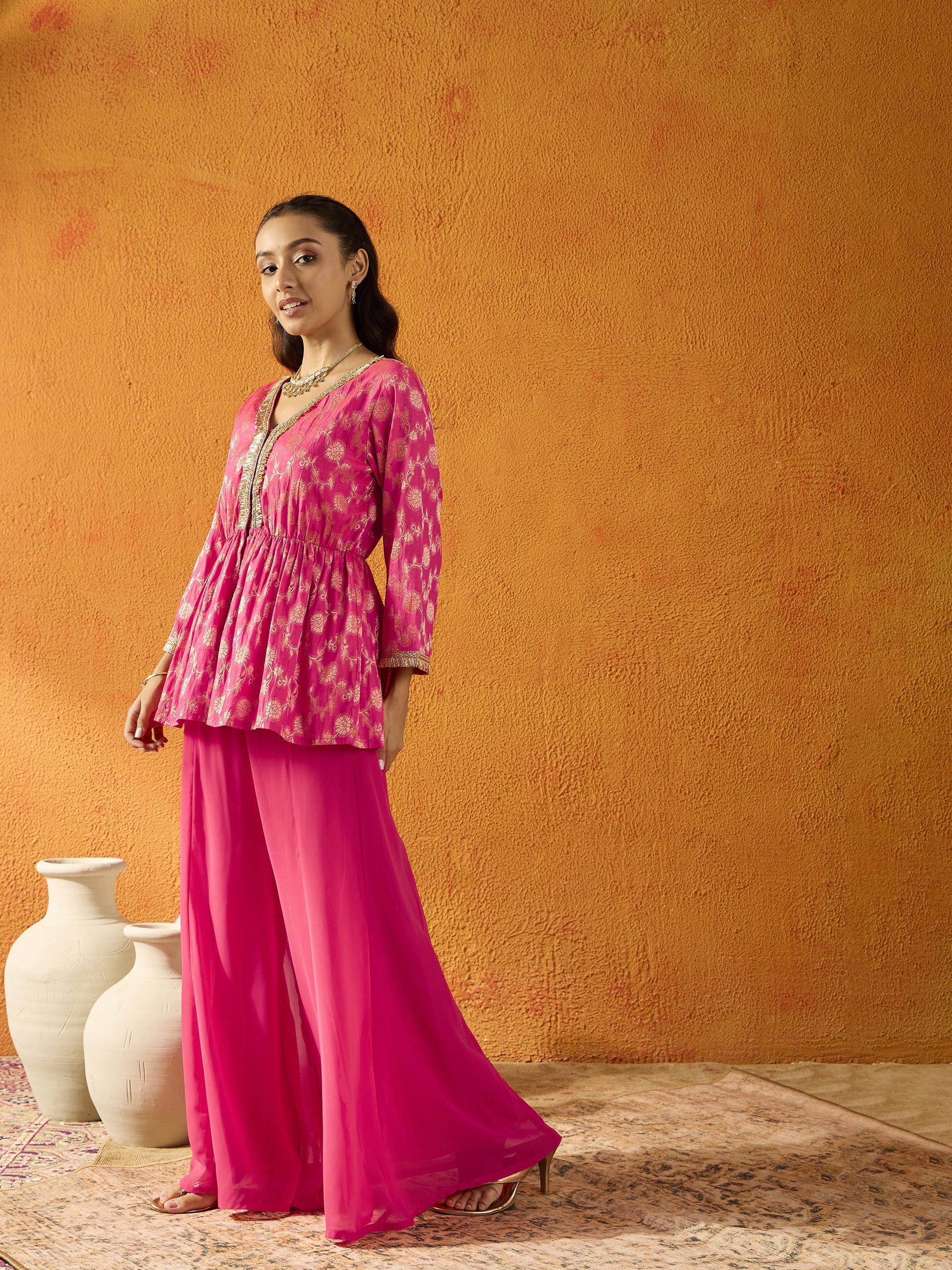 Lyush Girls Fuchsia Brocade V- Neck Peplum Top With Palazzos - Distacart