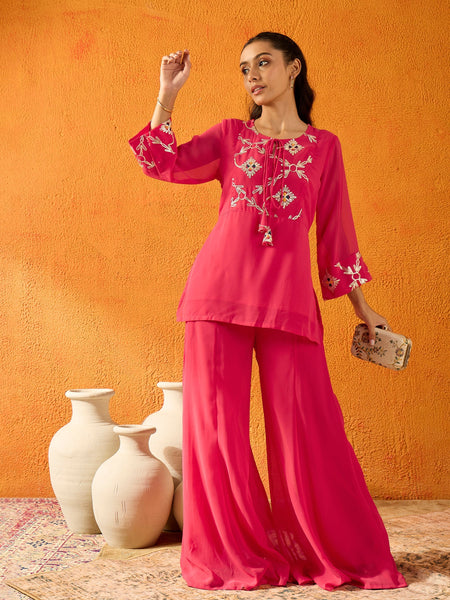 Lyush Girls Fuchsia Gota Embroidered Top With Palazzos - Distacart