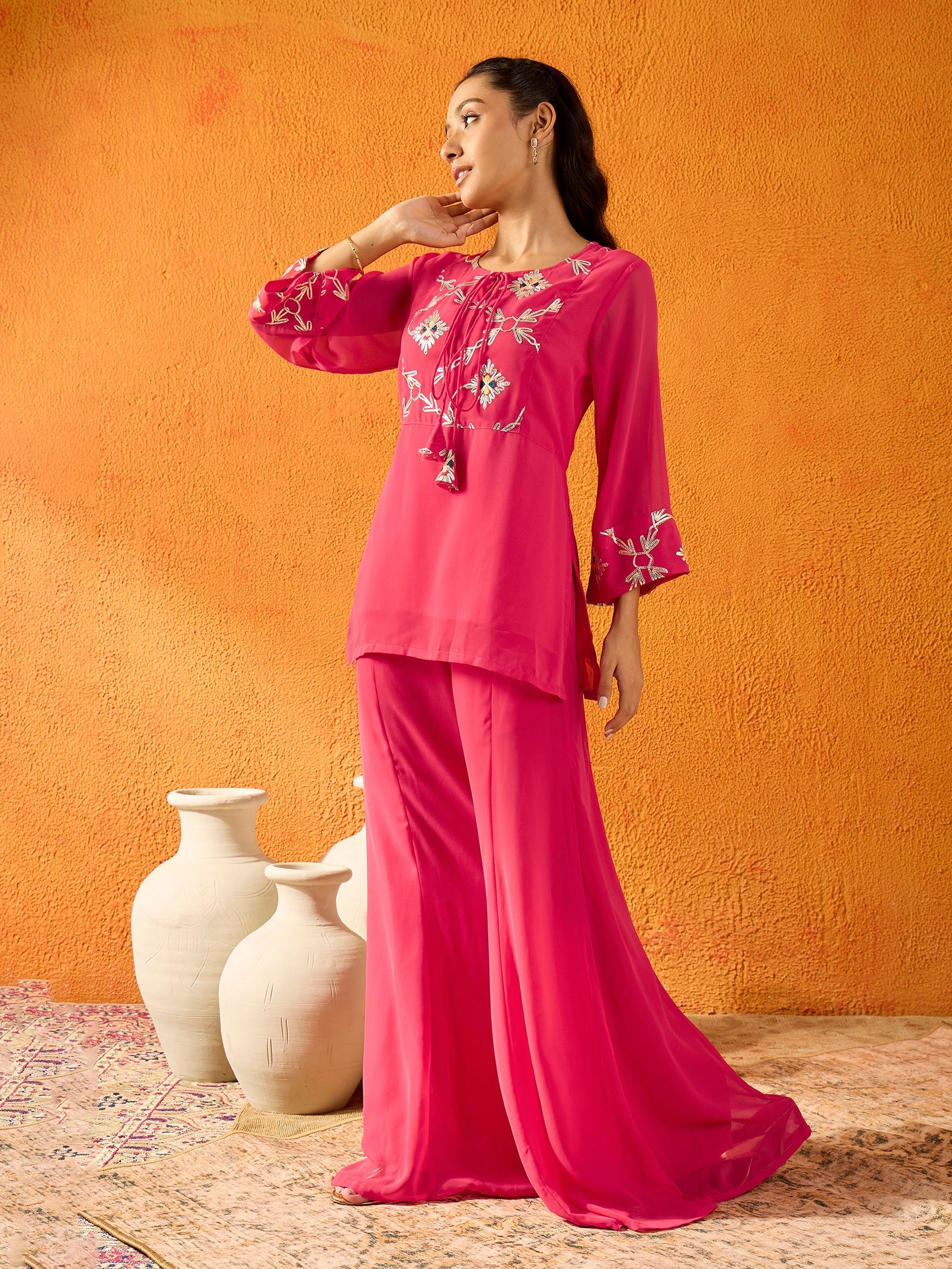 Lyush Girls Fuchsia Gota Embroidered Top With Palazzos - Distacart