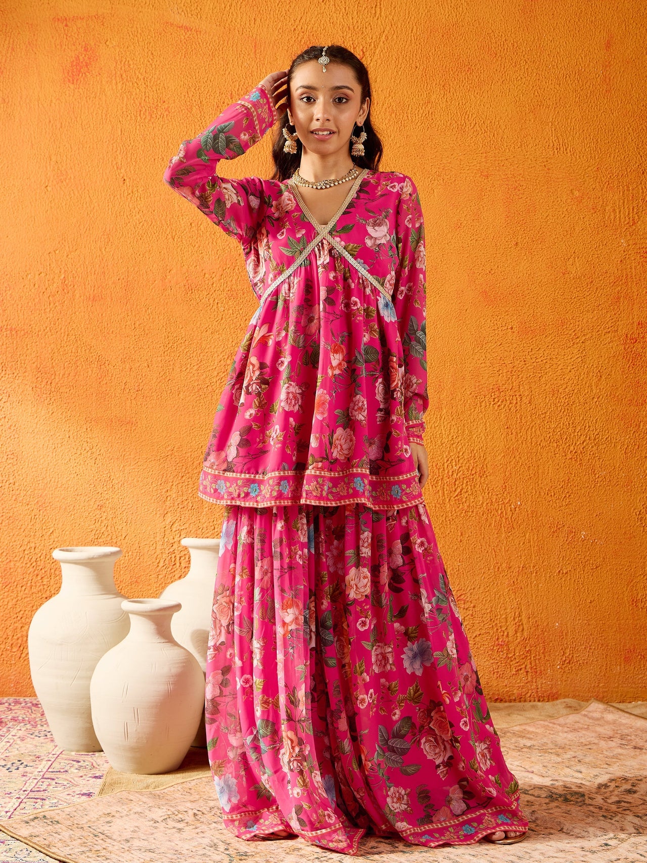 Lyush Girls Fuchsia Floral Peplum Top With Sharara Pants