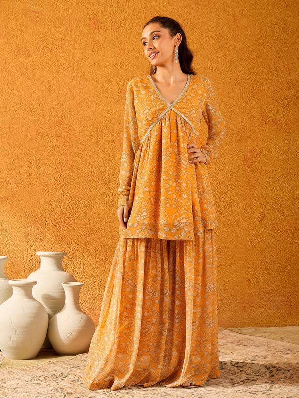 Lyush Girls Yellow Floral Peplum Top With Sharara Pants - Distacart