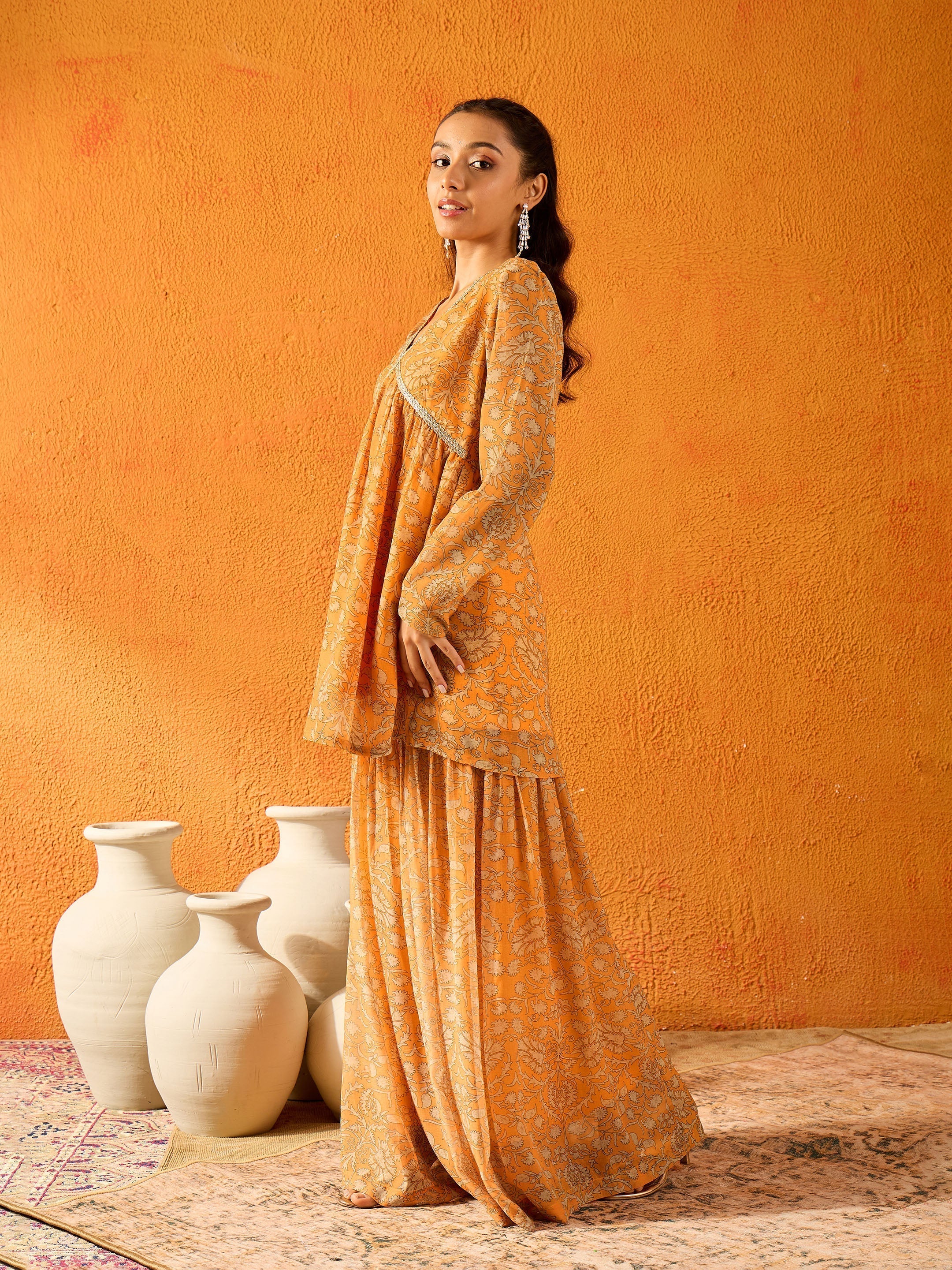 Lyush Girls Yellow Floral Peplum Top With Sharara Pants - Distacart