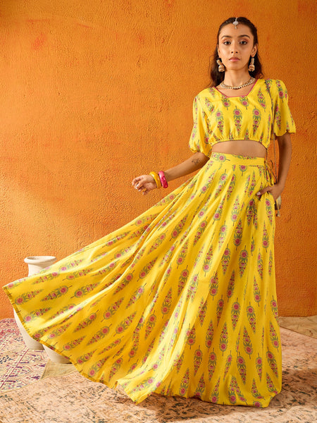 Lyush Girls Yellow Lotus Skirt With Crop Top