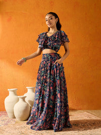 Thumbnail for Lyush Girls Navy Blue Floral Skirt With Crop Top