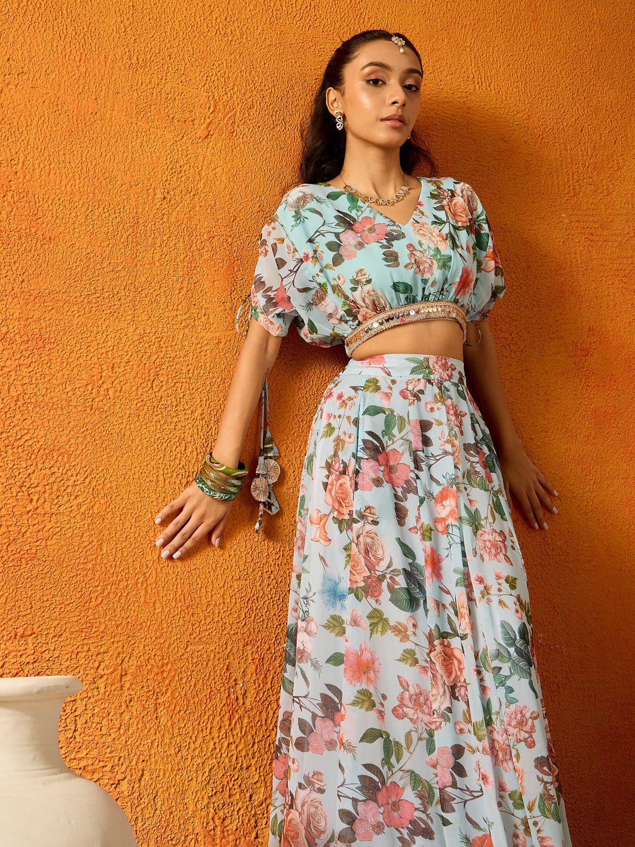 Lyush Girls Blue Floral Skirt With Crop Top