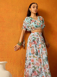 Thumbnail for Lyush Girls Blue Floral Skirt With Crop Top