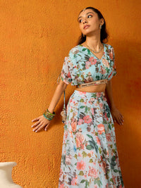 Thumbnail for Lyush Girls Blue Floral Skirt With Crop Top