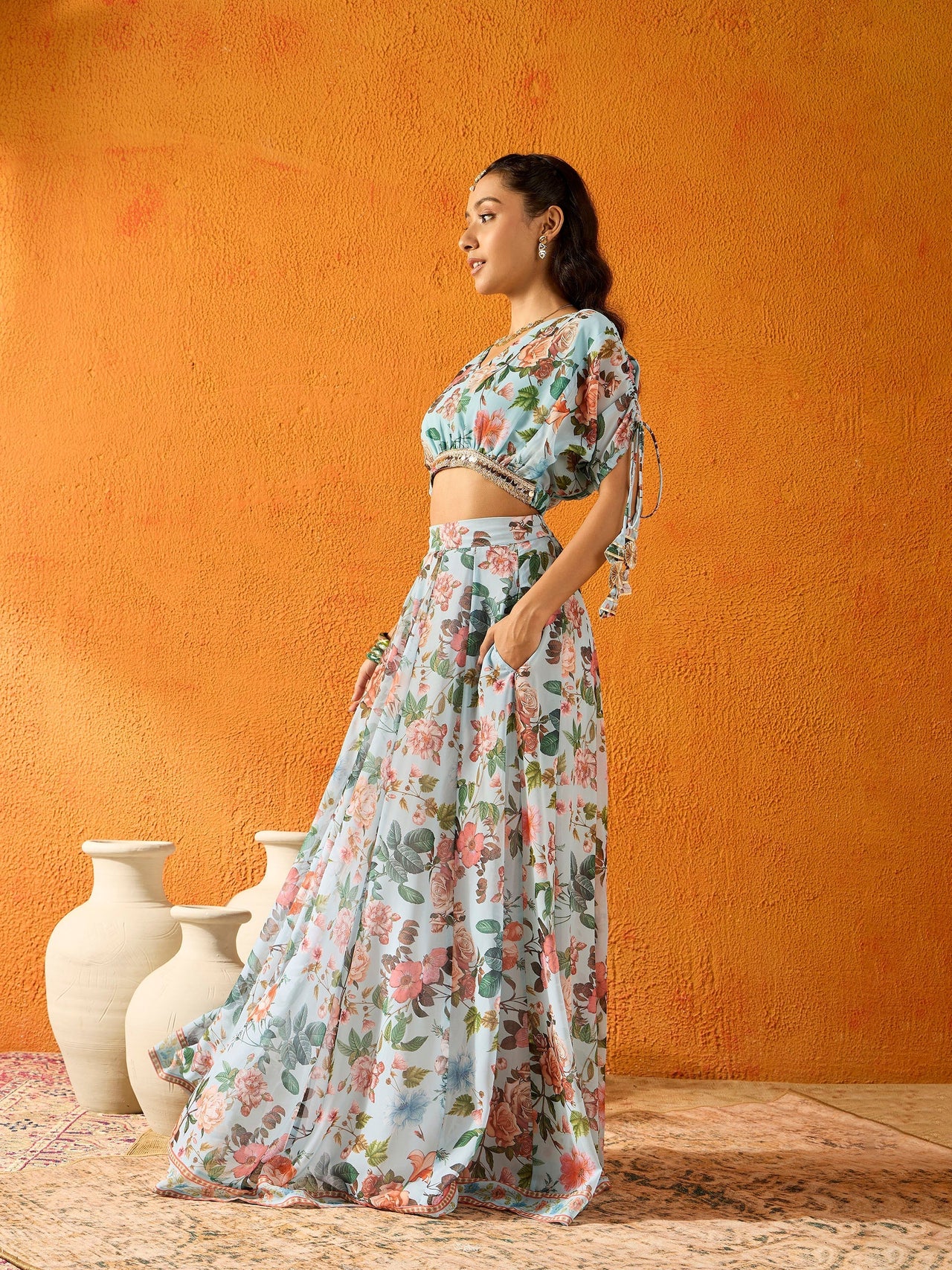 Lyush Girls Blue Floral Skirt With Crop Top