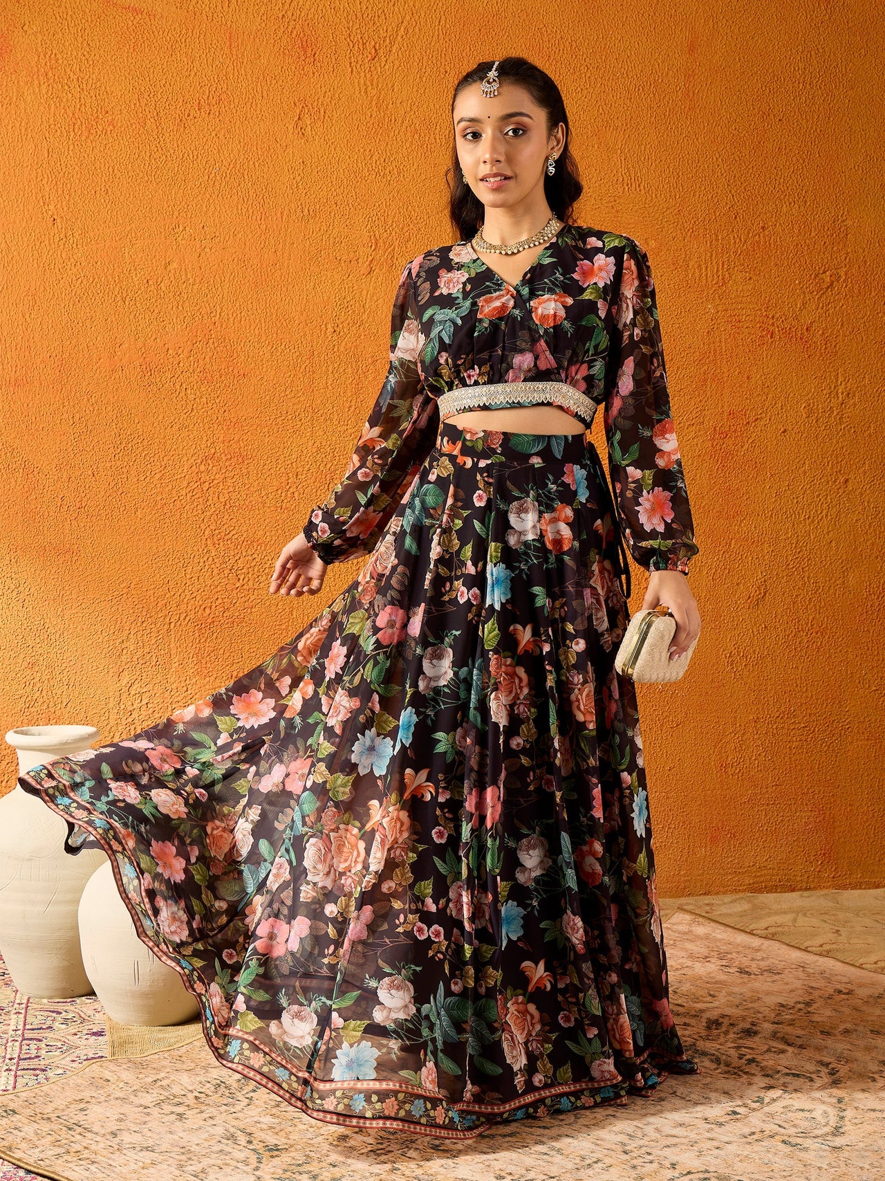 Lyush Girls Black Floral Skirt With Crop Top