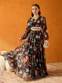 Thumbnail for Lyush Girls Black Floral Skirt With Crop Top