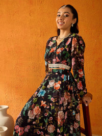 Thumbnail for Lyush Girls Black Floral Skirt With Crop Top
