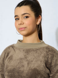 Thumbnail for Lyush Girl Brown Double Fur High Neck Sweatshirt