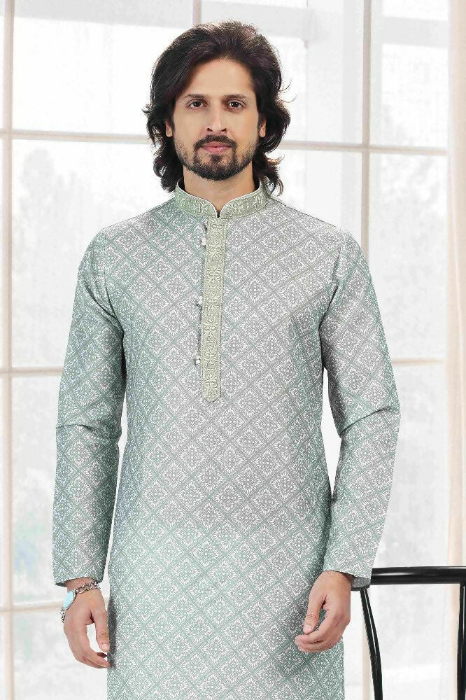 Raivat Ethnic Cotton Thread Work Kurta Pajama In Light Green Colour - Dista