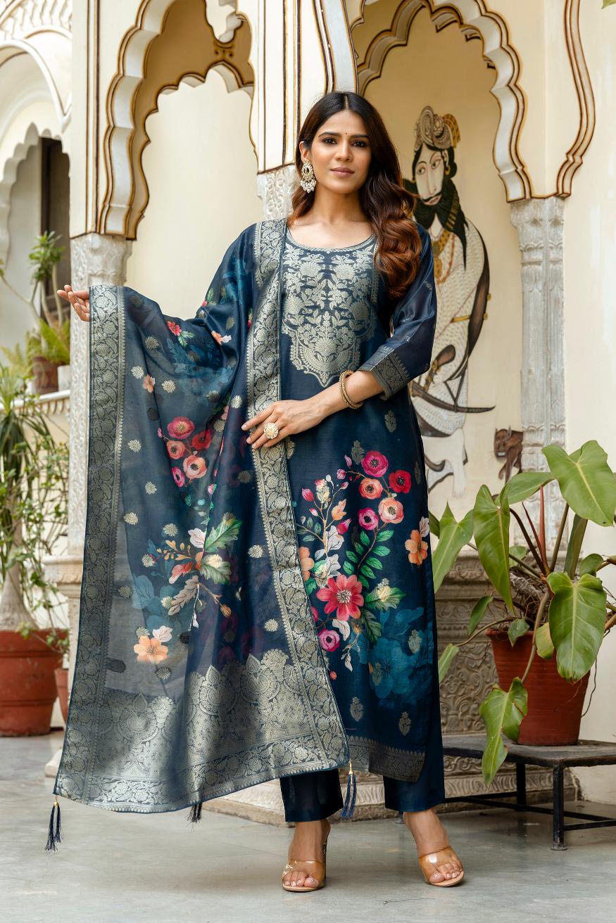The52 Women Gorgeous Chanderi Cotton Fabric Straight Kurta, Pant and Dupatta Set