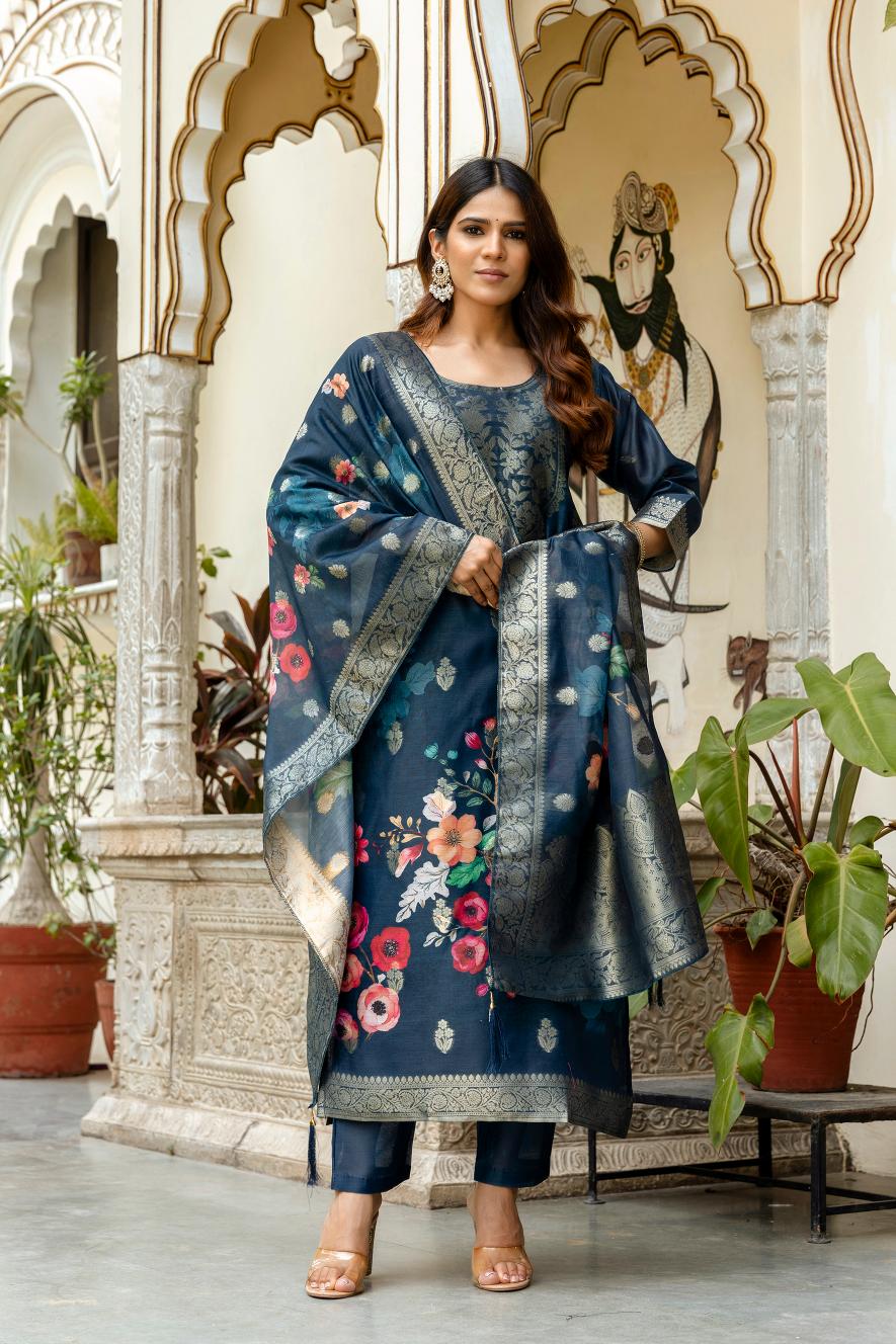 The52 Women Gorgeous Chanderi Cotton Fabric Straight Kurta, Pant and Dupatta Set
