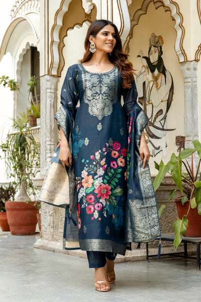 The52 Women Gorgeous Chanderi Cotton Fabric Straight Kurta, Pant and Dupatta Set