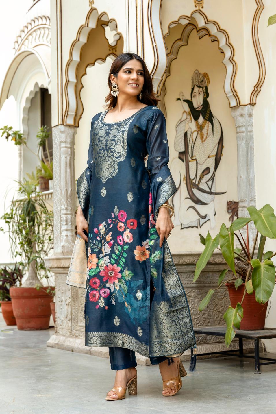 The52 Women Gorgeous Chanderi Cotton Fabric Straight Kurta, Pant and Dupatta Set