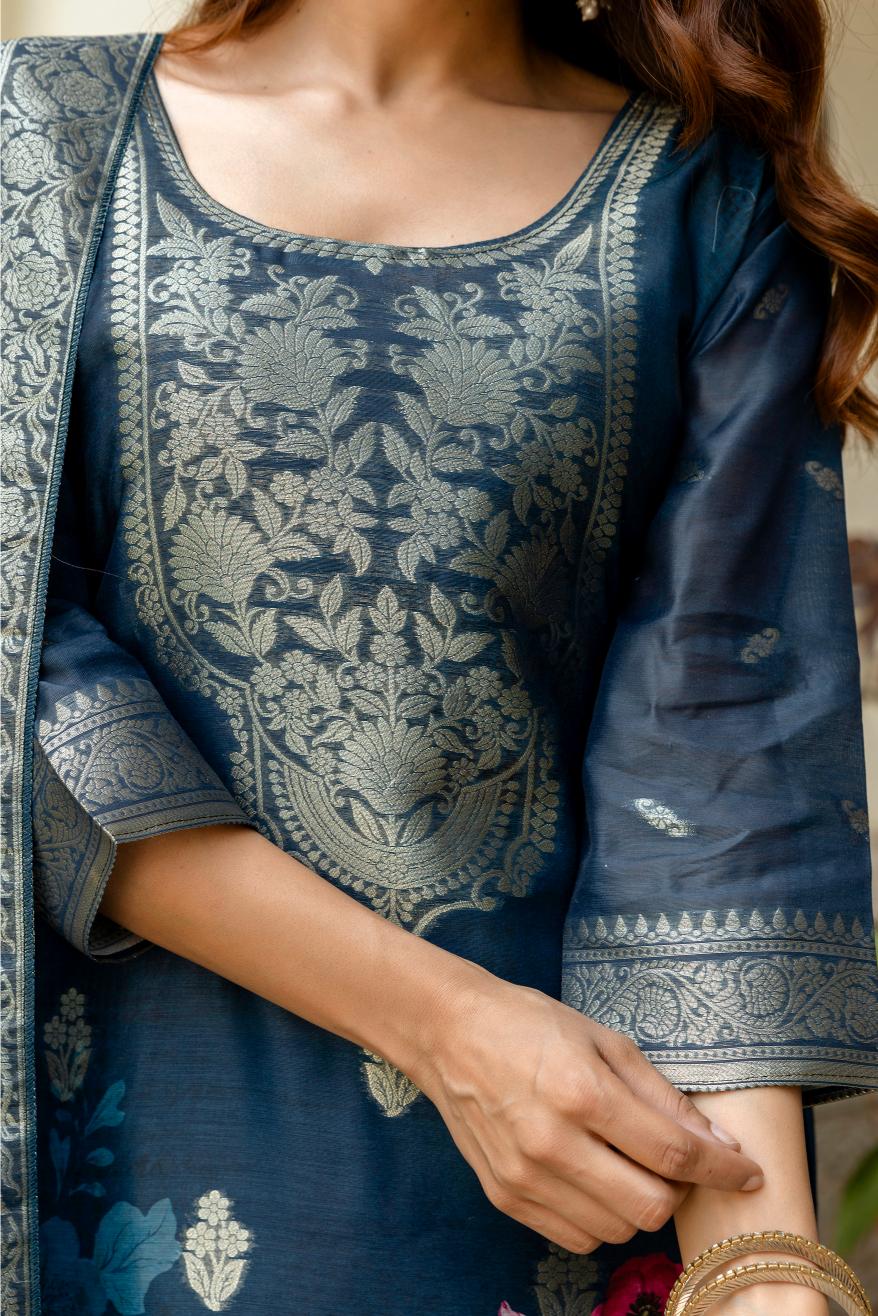 The52 Women Gorgeous Chanderi Cotton Fabric Straight Kurta, Pant and Dupatta Set